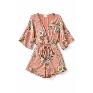 Rokoko by Dazz Women's Floral Romper Large Peach‎ Boho Kimono Sleeve Tie Waist